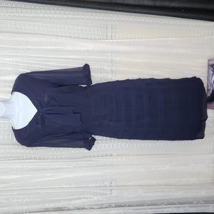 Vintage Midcentury Union Made Navy Blue 3/4 Sleeve Chiffon Wiggle Dress SzL